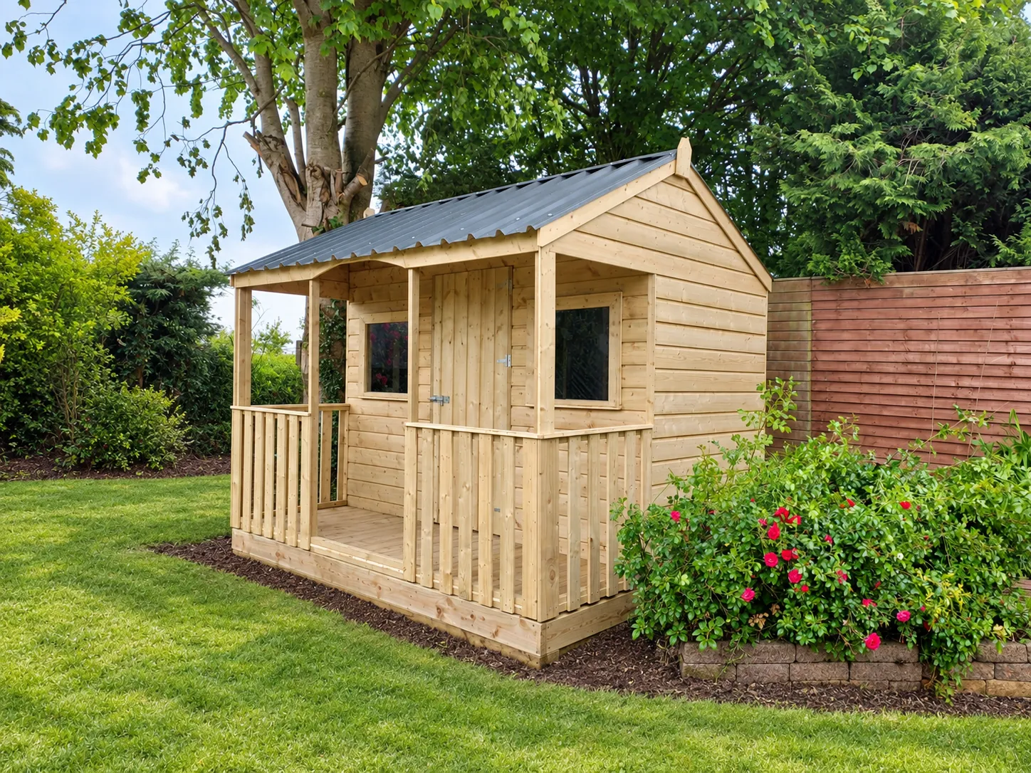 Timber garden shed with a covered porch